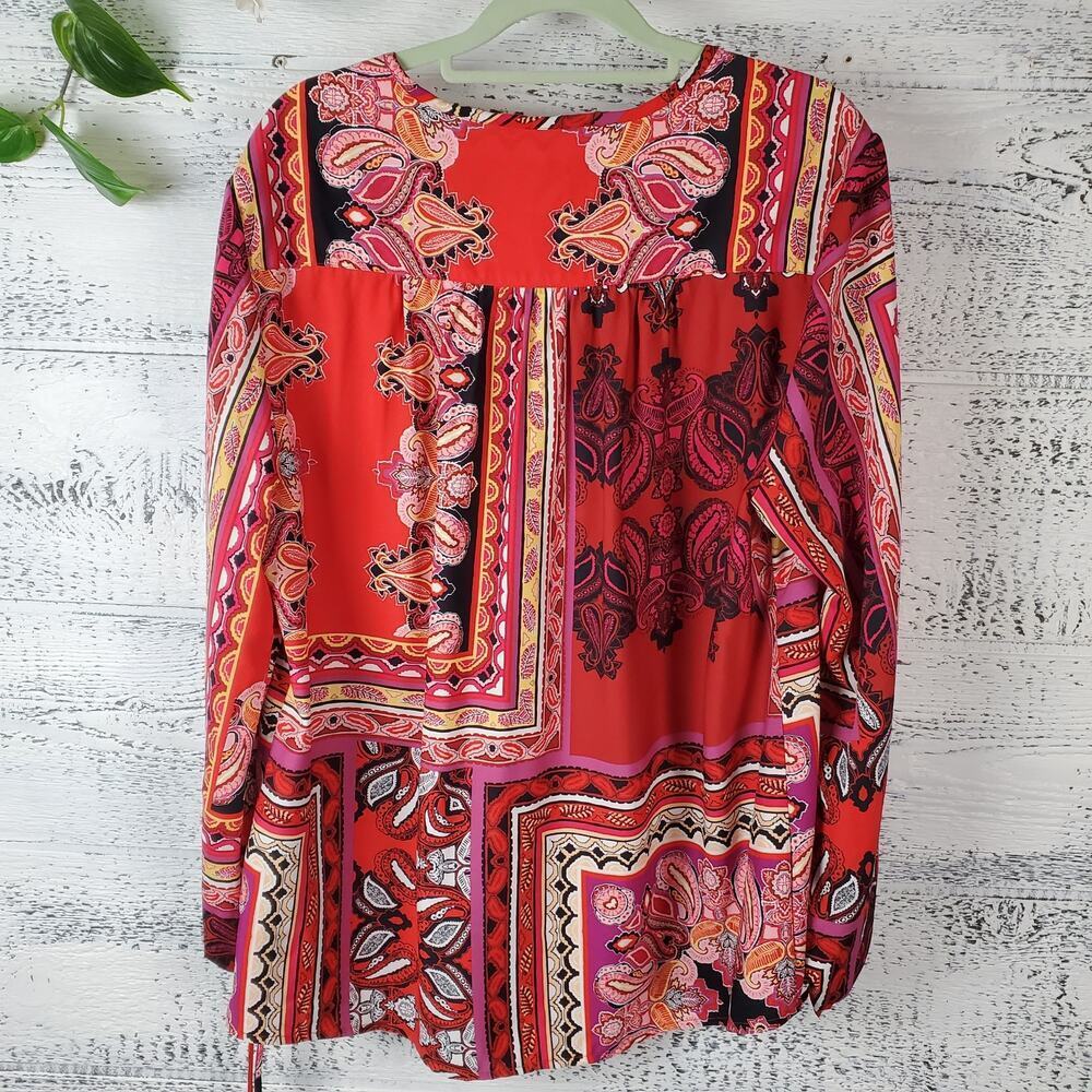 Chico’s Patched Paisley Peasant Top Red Tie Sleeve Boho Renaissance Size 2 NWT - Picture 6 of 8